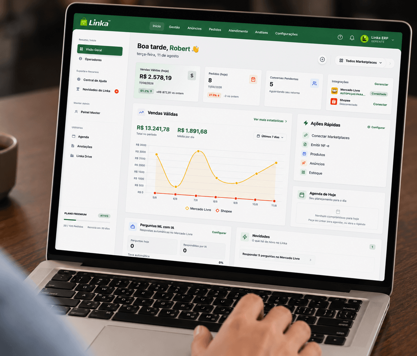 Dashboard Linka ERP — gestão multi-marketplace